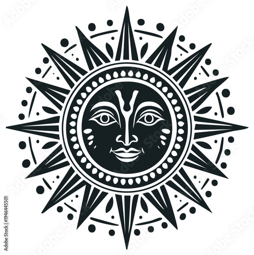 Sun face graphic with rays, tribal sun symbol, celestial mystical decorative vector illustration