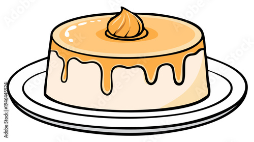 Delicious custard dessert with caramel drizzle sitting on a white plate vector illustration