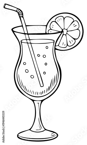Black and white line art drawing of a refreshing cocktail with a straw and orange slice garnish