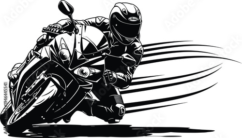 Sport motorcycle racing, high speed turn, rider leaning, protective gear, dynamic motion, extreme sport, biking thrill, vector illustration, flavector