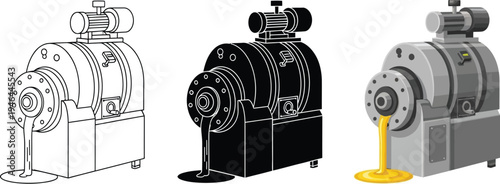 Industrial oil press machine vector illustration depicting the extraction process in outline silhouette and full color isolated on white background