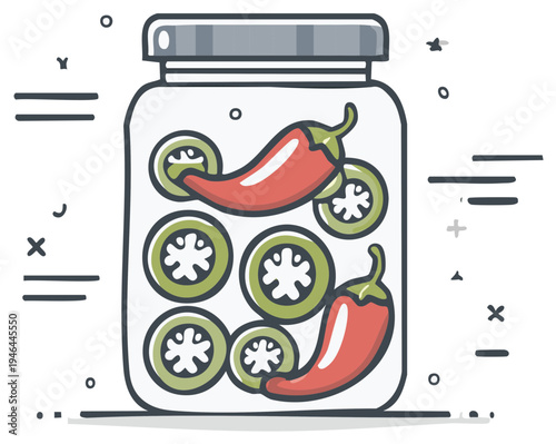 Spicy pickled chili peppers in a glass jar with a simple flat design style