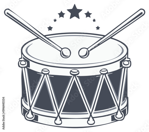 Marching Drum with Crossed Sticks and Decorative Stars Emblem