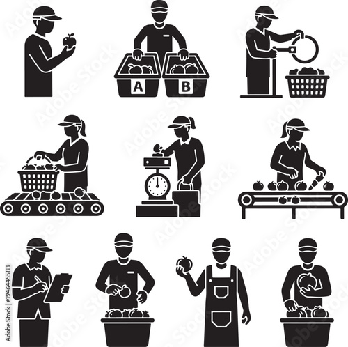 Set of 9 fruit farm worker icons vector