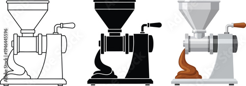 Collection of meat grinder illustrations featuring outline solid black and detailed color styles ideal for kitchen appliance graphics and food processing concepts