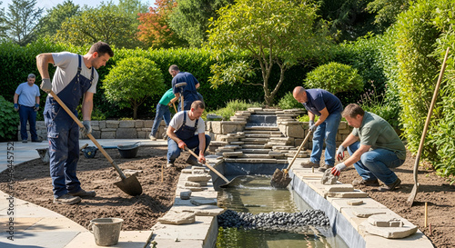 Landscapers constructing decorative pond with natural stone using shovels and tools outdoor work landscaping project in sunny garden
