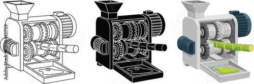 Set of sugarcane juice machine illustrations featuring line art silhouette and colored vector designs for food processing and beverage industry concepts