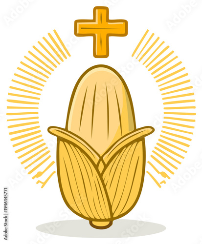 Vibrant cartoon style corn cob with golden cross and radiating light symbolizing harvest blessing