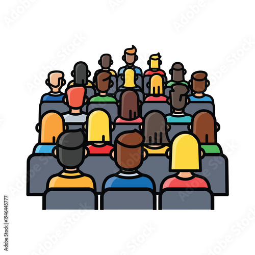 Vibrant cartoon illustration of a diverse audience group engaged in a theater setting, inclusive seating, bright colors, and attentive viewers