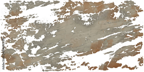 A weathered brown surface of aged tree bark and old wood displays a grunge pattern of peeling paint, cracked stone, and rusty metal on a rough textured concrete backdrop