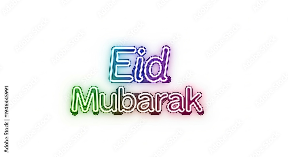 Obraz premium Eid Mubarak Neon Glow Text on White Background for Festive Greetings.jpg