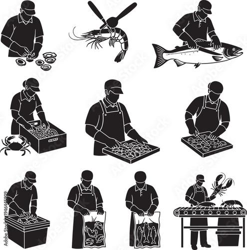 Set of 9 seafood worker icons vector