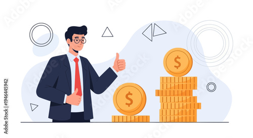 Businessman giving thumbs up with stacks of gold coins, financial success concept