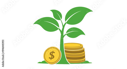 Green plant growing from coins money.