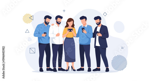 Diverse group of friends or colleagues engrossed in their smartphones, modern flat illustration.