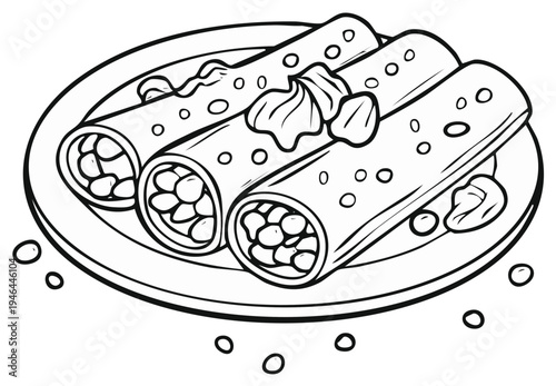 Hand-drawn illustration of three rolled tortillas with filling on a plate with sauce and garnish