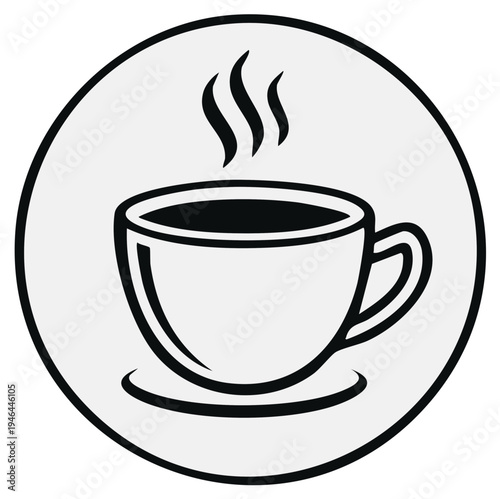 Steaming Coffee Cup Icon Simple Line Art With Hot Beverage Steam and Saucer Inside Circle