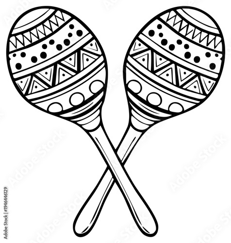 Crossed Maracas Music Instruments Hand Drawn Line Art Black and White Design with Geometric Details