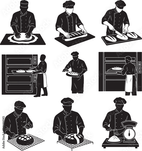 Set of 8 chef icons vector, black and white, kitchen illustrations