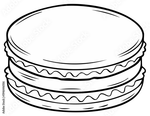 Black and white illustration of a classic French macaron cookie, detailed lines