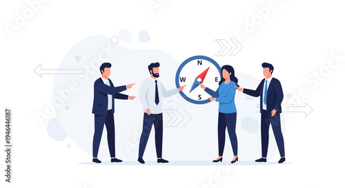 Teamwork and business strategy: people holding a compass for direction and planning