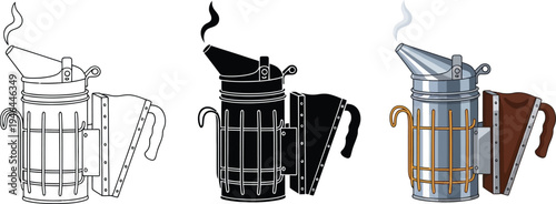 Set of bee smoker illustrations featuring outline silhouette and detailed vector designs for beekeeping equipment and agricultural themes isolated on white background