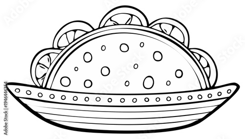 Detailed Taco Illustration with Lemons on Plate for Food Coloring Book Fun Mexican Meal Outline Drawing