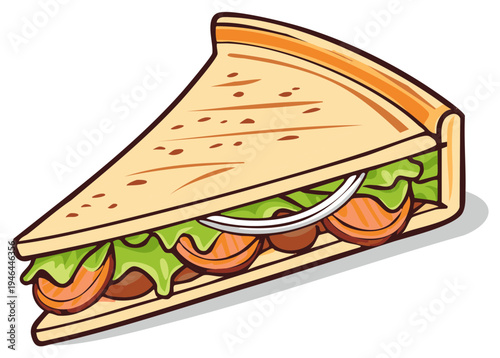 Cartoon slice of savory flatbread with sausage, onions, and lettuce for a quick lunch.