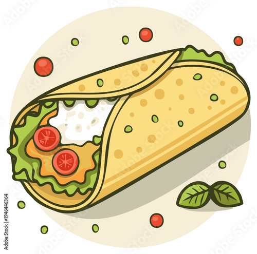 Cartoon burrito illustration with fillings and garnish