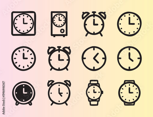 Collection of various clock and alarm icons in flat design