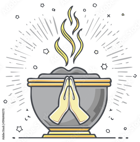 Hands in prayer gesture above a burning urn, symbolizing spiritual ritual, offering, or meditation.