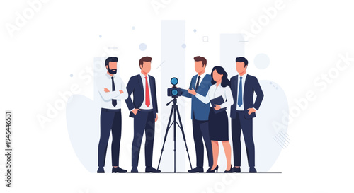 Business team filming interview with camera on tripod, professional meeting concept