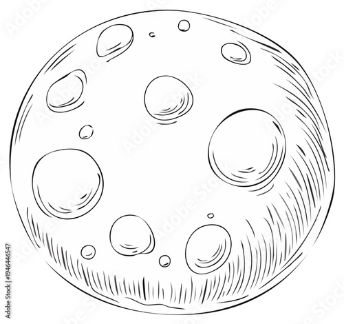Hand drawn celestial moon with visible craters in detailed line art illustration style