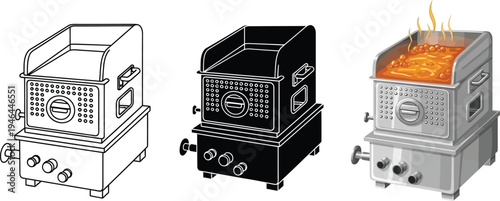 Commercial deep fryer vector illustration set featuring outline solid black and detailed versions with hot oil perfect for restaurant equipment and food service designs