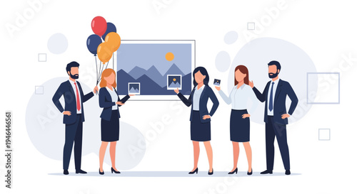 Business people celebrating success at art exhibition with balloons and paintings