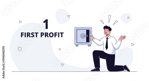 Man kneeling by safe with 'First Profit' text, confused expression