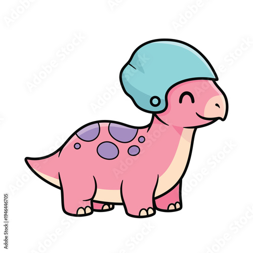 Adorable pink cartoon Brontosaurus dinosaur wearing a light blue safety helmet, standing in profile with closed eyes and a joyful smile, vibrant, cute, stylized, isolated on white background