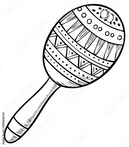 Hand-drawn illustration of a decorated maraca with a handle