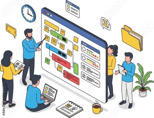 Agile development team organizing workflow on large project management board