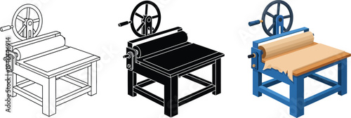 Vintage printing press machine a classic roller press illustration set in outline silhouette and colorful isometric vector styles perfect for graphic design and industrial concepts