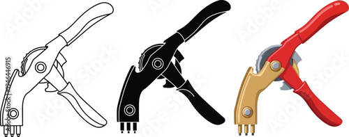 Versatile rotary leather hole punch tool depicted in detailed outline solid silhouette and vibrant colored vector illustrations suitable for crafting DIY and industrial applications