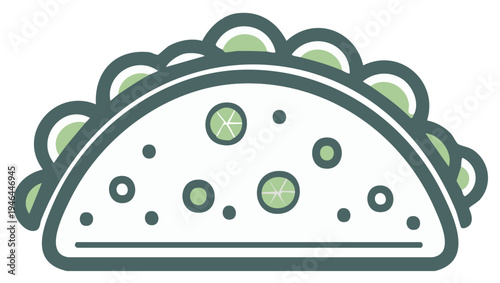 Minimalist green taco icon with lime slices and scallions on a white background