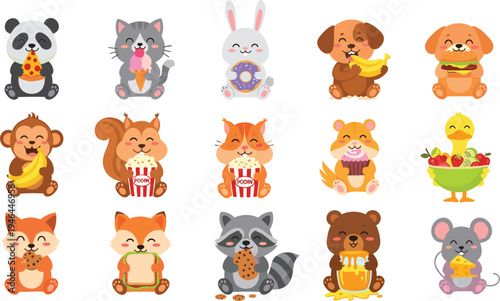 Adorable Animals Eating Snacks Icon Set with Ice Cream, Pizza, Donuts, Popcorn, Sandwiches, and More