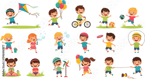 Active Kids Playing Outdoors Icon Set with Ball, Kite, Bubbles, Bike, Frisbee, and More Fun Activities