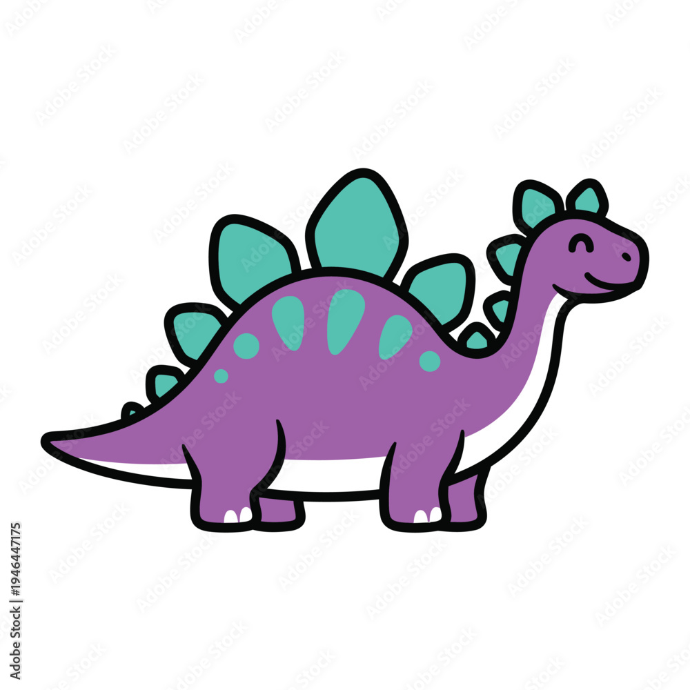Naklejka premium Adorable purple Stegosaurus dinosaur with teal dorsal plates and spots, depicted in a cute, flat, graphic art style, smiling cheerfully on a white background.