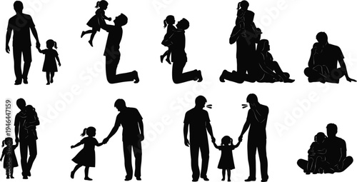 Father and Daughter Silhouette Icon Set with Holding Hands, Lifting, Hugging, and Bonding Moments