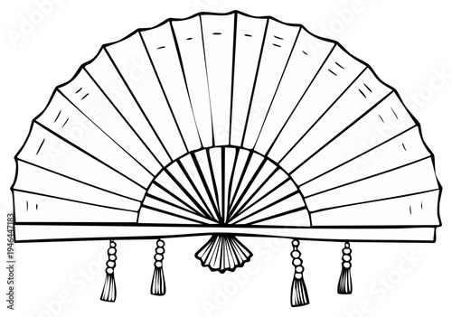 Elegant Handheld Folding Fan with Decorative Tassels Isolated Black and White Illustration