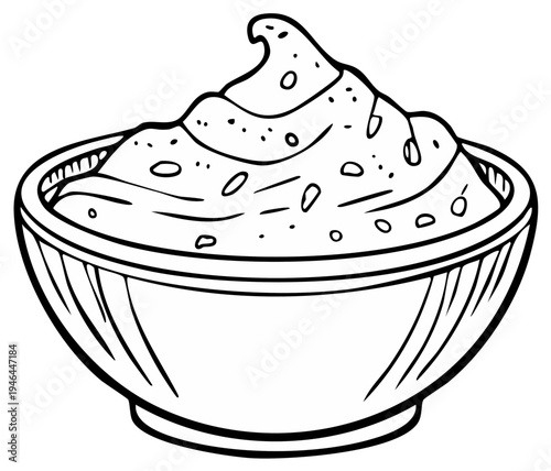 Drawn illustration of a bowl filled with textured dip or sauce