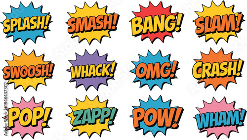 Comic sound effect text bubble collection with words splash smash bang slam swoosh whack crash pop zap pow, cad drawing flat vector illustration