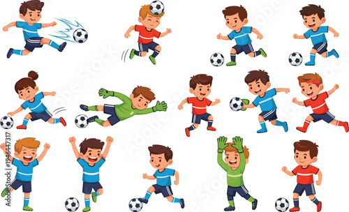 Kids Playing Soccer Icon Set with Goalkeeper, Dribbling, Kicking, and Celebrating Soccer Moments